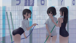 Rule 34 | 3girls, black eyes, black hair, blue one-piece swimsuit, blush, collarbone, cowboy shot, hair between eyes, highres, holding, holding hose, holding towel, hose, long hair, looking at another, marble (marblesized), medium hair, multiple girls, new school swimsuit, one-piece swimsuit, original, parted lips, pool, school swimsuit, shirt, shirt rolled up, short hair, sidelocks, straight hair, sweat, swimsuit, swimsuit under clothes, tile wall, tiles, towel, towel around neck, water, white shirt, white towel