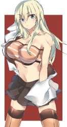 Rule 34 | 1girl, bad id, bad twitter id, bandeau, bismarck (kancolle), blonde hair, blue eyes, blush, breasts, brown skirt, cleavage, cosplay, female focus, heigani, kantai collection, large breasts, long hair, miniskirt, navel, shouhou (kancolle) (cosplay), shouhou (kancolle), skirt, solo, strapless, striped, thighhighs, tube top, zettai ryouiki