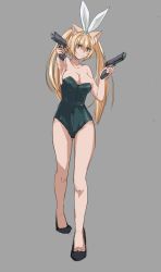 Rule 34 | 10s, 1girl, animal ears, bare legs, bare shoulders, blonde hair, breasts, rabbit ears, playboy bunny, cat ears, ch2o, cleavage, covered navel, dual wielding, fake animal ears, full body, gun, hairband, handgun, highres, holding, kuraishi tanpopo, large breasts, long hair, pistol, slit pupils, solo, twintails, weapon, witch craft works, yellow eyes