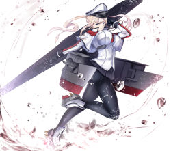 Rule 34 | 10s, 1girl, black gloves, black pantyhose, blonde hair, blue eyes, breasts, cannon, capelet, commentary request, cross, full body, gloves, graf zeppelin (kancolle), hair between eyes, hat, highres, jacket, kantai collection, large breasts, long hair, machinery, miniskirt, necktie, pantyhose, peaked cap, sidelocks, skirt, solo, tsurime, turret, twintails, uniform, untue