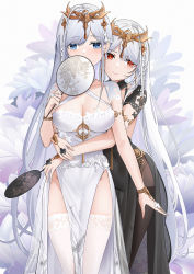 Rule 34 | 2girls, armlet, azur lane, black dress, blue eyes, bracelet, breasts, bright pupils, cleavage, cleavage cutout, clothing cutout, covered mouth, covering own mouth, cowboy shot, dress, dual persona, emden (azur lane), emden (moonsilver union) (azur lane), groin, hair ornament, hand fan, hand up, highres, holding, holding fan, hug, hug from behind, jewelry, lace, lace-trimmed legwear, lace trim, large breasts, long hair, looking at viewer, multiple girls, no panties, official alternate costume, pantyhose, paper fan, pelvic curtain, qing wu, red eyes, standing, thighband pantyhose, thighhighs, tiara, uchiwa, very long hair, white dress, white hair, white pupils, white thighhighs