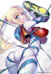 Rule 34 | 1girl, adapted costume, arm cannon, ass, blonde hair, blue eyes, blue ribbon, bodysuit, breasts, gradient background, grey background, hong (white spider), large breasts, long hair, looking at viewer, metroid, metroid dread, nintendo, open mouth, patreon username, ponytail, revision, ribbon, samus aran, signature, solo, weapon