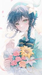 Rule 34 | 1boy, absurdres, androgynous, beret, black hair, bouquet, bow, bowtie, braid, capelet, closed mouth, collared shirt, english text, flower, genshin impact, green capelet, green eyes, green headwear, hat, highres, holding, holding bouquet, long hair, long sleeves, looking at viewer, male focus, petals, pink flower, pink rose, rose, shirt, smile, tolu ya, twin braids, upper body, venti (genshin impact), white flower, white shirt, yellow flower