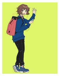 Rule 34 | 1girl, akiyama yukari, artist name, backpack, bag, black pants, black shirt, blue footwear, blue jacket, brown eyes, brown hair, casual, collared shirt, commentary, dated, digital media player, ear piercing, from side, girls und panzer, heel up, highres, holding, jacket, looking at viewer, messy hair, open mouth, pants, piercing, plaid, plaid shirt, shirt, short hair, signature, simple background, smile, solo, standing, waving, yellow background, zono (inokura syuzo029)