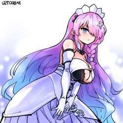 Rule 34 | 1girl, absurdres, black bra, blue eyes, blue hair, bra, breasts, character request, commission, copyright request, flower, hair between eyes, hair ornament, hair over one eye, highres, kaibootsu, large breasts, long hair, looking at viewer, multicolored eyes, multicolored hair, pink eyes, pink hair, purple hair, solo, underwear