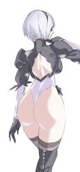 Rule 34 | 1girl, 2b (nier:automata), ass, back, back cutout, black blindfold, black footwear, black gloves, black hairband, blindfold, boots, breasts, clothing cutout, covered eyes, curvy, from behind, gloves, grey hair, hairband, highleg, highleg leotard, highres, huge ass, juliet sleeves, large breasts, leotard, long sleeves, looking back, mogi yasunobu, nier:automata, nier (series), puffy sleeves, short hair, simple background, solo, standing, thigh boots, thighhighs, thighhighs under boots, thighs, thong leotard, white background, white hair, white leotard, wide hips