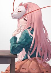 Rule 34 | 1girl, blue shirt, bubble skirt, collared shirt, commentary request, expressionless, fanteam, fox mask, hata no kokoro, highres, long hair, long sleeves, looking at viewer, looking back, mask, mask on head, orange skirt, pink eyes, pink hair, plaid, plaid shirt, shirt, simple background, skirt, solo, table, touhou, very long hair, white background
