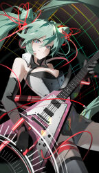 Rule 34 | 1girl, absurdres, aqua eyes, aqua hair, black gloves, breast tattoo, breasts, cleavage, closed mouth, elbow gloves, gloves, grey shorts, grey thighhighs, guitar, hair between eyes, hatsune miku, headphones, highres, holding, holding guitar, holding instrument, instrument, jiu ye sang, long hair, looking at viewer, medium breasts, short shorts, shorts, solo, standing, tattoo, thighhighs, twintails, vocaloid, wing collar