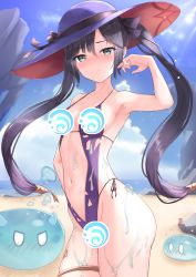 Rule 34 | 1girl, adapted costume, arm up, armpits, bare arms, bare shoulders, beach, black choker, black hair, blue eyes, blush, breasts, censored, center opening, choker, closed mouth, contrapposto, cowboy shot, day, embarrassed, genshin impact, groin, hair ribbon, hand on own hip, hat, highres, hydro (genshin impact), long hair, looking at viewer, marinesnow, mona (genshin impact), navel, nose blush, one-piece swimsuit, outdoors, purple hat, purple one-piece swimsuit, ribbon, shirt, slime, small breasts, solo, spaghetti strap, standing, stomach, sun hat, sunlight, swimsuit, thigh strap, thighs, torn clothes, torn shirt, twintails, vision (genshin impact), wet