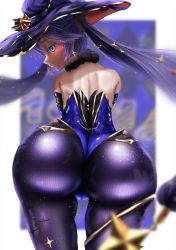 Rule 34 | 1girl, 2022, artist request, ass, ass focus, blue eyes, blush, cameltoe, come hither, from behind, genshin impact, hair ornament, hair ribbon, hat, highleg, highleg leotard, highres, huge ass, leotard, long hair, looking at viewer, looking back, looking over shoulder, marish, marishiki, mona (genshin impact), nail polish, pantyhose, purple hair, purple leotard, ribbon, shiny clothes, shiny skin, smile, solo, thick thighs, thighs, twintails, very long hair, witch hat