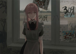 Rule 34 | 1girl, apron, bandaged arm, bandages, black choker, black dress, brown eyes, building, chihuri, choker, closed mouth, collared dress, commentary request, day, dress, frilled apron, frills, graffiti, hair between eyes, hair ribbon, highres, indoors, long hair, looking at viewer, maid apron, original, ponytail, puffy short sleeves, puffy sleeves, ribbon, short sleeves, sidelocks, solo, very long hair, white apron, white ribbon, window, yana (chihuri)