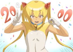 Rule 34 | 1girl, blonde hair, doraemon, dorami, gloves, hair between eyes, highres, long hair, open mouth, personification, plus step, twintails, v, white gloves