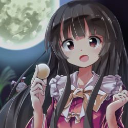 Rule 34 | 1girl, :d, black hair, blush, bow, bowtie, brown eyes, dress, food, frilled shirt collar, frills, full moon, hime cut, holding, holding food, houraisan kaguya, long hair, long sleeves, looking at viewer, mochi, moon, moonlight, night, open mouth, rabbit, ryogo, sidelocks, smile, solo, touhou, upper body, wagashi, yellow bow, yellow bowtie