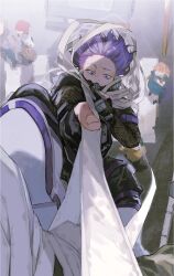 Rule 34 | 1boy, 2girls, black bodysuit, black gloves, bodysuit, boku no hero academia, commentary request, faceless, faceless female, faceless male, fingerless gloves, from above, gloves, hatutaro, highres, long sleeves, mask, multiple girls, partial commentary, purple eyes, purple hair, shinsou hitoshi, solo focus, sweatdrop