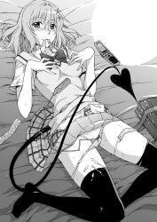 Rule 34 | 10s, 1girl, bad id, bad pixiv id, bed, black thighhighs, camera phone, cellphone, condom, condom in mouth, cum, greyscale, hanzaki jirou, lying, momo velia deviluke, monochrome, mouth hold, panties, phone, school uniform, sex toy, short hair, solo, tail, thighhighs, to love-ru, to love-ru darkness, underwear, used condom, vibrator, vibrator under clothes, vibrator under panties
