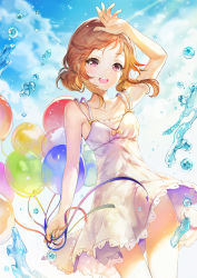 Rule 34 | 1girl, :d, balloon, blue ribbon, blue sky, bow, breasts, brown hair, cloud, collarbone, cowboy shot, day, dress, floating hair, green ribbon, highres, holding, holding balloon, medium hair, open mouth, original, outdoors, red eyes, red ribbon, ribbon, short dress, sibyl, sky, sleeveless, sleeveless dress, small breasts, smile, solo, standing, sundress, sunlight, white dress, yellow bow