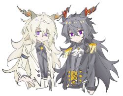 Rule 34 | 2boys, arknights, ascot, black hair, black jacket, chinese commentary, closed mouth, collared shirt, commentary request, ebenholz (arknights), epaulettes, fringe trim, grey shirt, hair between eyes, highres, horns, jacket, jiekuijiangshadaonijiamenkou, kreide (arknights), long hair, long sleeves, male focus, multiple boys, no nose, open clothes, open jacket, purple eyes, shirt, simple background, smile, white ascot, white background, white hair, white jacket, yellow pupils