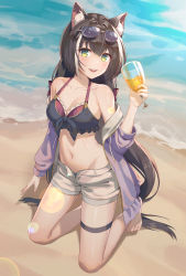 Rule 34 | 1girl, absurdres, animal ear fluff, animal ears, bare shoulders, barefoot, beach, bikini, black bikini, black hair, breasts, cat ears, cat girl, cat tail, cjw01, collarbone, cup, drink, drinking glass, eyewear on head, front-tie bikini top, front-tie top, full body, green eyes, highres, holding, holding cup, hood, hoodie, karyl (princess connect!), karyl (summer) (princess connect!), kneeling, lens flare, long hair, looking at viewer, low twintails, medium breasts, multicolored hair, navel, ocean, off shoulder, open clothes, open hoodie, open shorts, princess connect!, shorts, smile, solo, stomach, streaked hair, sunglasses, swimsuit, tail, thigh strap, twintails, very long hair, water, white hair, white shorts