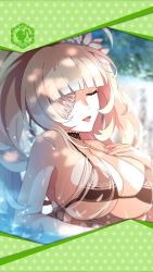 Rule 34 | 1girl, aphrodite (phantom of the kill), artist request, bikini, blonde hair, blush, breasts, brown bikini, choker, cleavage, closed eyes, eyepatch, framed image, hair ornament, highres, huge breasts, large breasts, long hair, official art, open mouth, phantom of the kill, ponytail, solo, swimsuit, underboob, upper body, wet