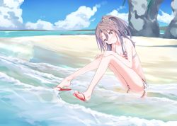 Rule 34 | 1girl, beach, bike shorts, bikini, blue sky, brown eyes, cloud, day, flat chest, full body, grey hair, head tilt, high ponytail, highres, kantai collection, long hair, looking at viewer, natsuki (gedo), ocean, outdoors, partially submerged, sandals, sky, solo, striped bike shorts, striped bikini, striped clothes, swimsuit, waves, zuihou (kancolle)