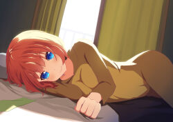 Rule 34 | 1girl, absurdres, alternate costume, arm support, backlighting, blue eyes, blush, clenched hand, closed mouth, commentary, cosplay, curvy, day, eyelashes, go-toubun no hanayome, highres, indoors, kigurumi, long sleeves, looking at viewer, lying, medium hair, nakano yotsuba, no ribbon, on bed, on side, orange hair, smile, solo, yasuba yuichi