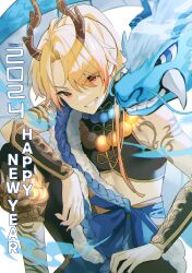 Rule 34 | 1boy, 2024, absurdres, arm guards, arm tattoo, bead necklace, beads, belt, black pants, black shirt, blonde hair, blue belt, blue eyes, commentary, dragon, dragon boy, dragon horns, eastern dragon, feet out of frame, gradient hair, grin, happy new year, highres, horns, jewelry, knee up, leg tattoo, looking at viewer, male focus, multicolored hair, necklace, new year, official alternate costume, orange eyes, orange hair, pants, project sekai, shinshun! shishimai robo no oshougatsu show! (project sekai), shirt, signature, smile, solo, tattoo, tenma tsukasa, yuhi (hssh 6)