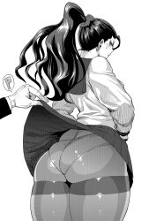 Rule 34 | 10s, 1girl, angry, ass, assisted exposure, bad id, bad pixiv id, black pantyhose, blush, clothes lift, earrings, executive mishiro, greyscale, hair slicked back, highres, idolmaster, idolmaster cinderella girls, jewelry, long hair, monochrome, panties, panties under pantyhose, pantyhose, ponytail, simple background, skirt, skirt lift, solo, synecdoche, thighs, underwear, white background