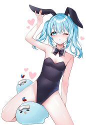 Rule 34 | 1girl, :o, absurdres, animal ears, arahashi tabi, arm at side, bare legs, bare shoulders, black bow, black bowtie, black leotard, blue eyes, blue hair, blush, bow, bowtie, breasts, cowboy shot, detached collar, dot nose, fake animal ears, hand on headwear, heart, highleg, highleg leotard, highres, leaning to the side, leotard, looking at viewer, nose blush, one eye closed, open mouth, picter, playboy bunny, rabbit ears, short hair, short twintails, sidelocks, simple background, small breasts, solo, stellive, twintails, virtual youtuber, white background