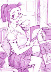 Rule 34 | 1girl, blush, bra, clipboard, commentary request, fanning face, fanning self, glasses, hot, looking at viewer, microphone, monochrome, open clothes, open mouth, open shirt, original, ponytail, purple theme, shirt, short hair, sitting, sketch, skirt, sleeves rolled up, smile, solo, sweat, ueyama michirou, underwear
