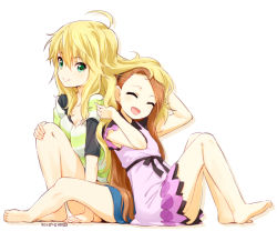 Rule 34 | 2015, 2girls, :d, ^ ^, back-to-back, barefoot, blonde hair, blush, brown hair, closed eyes, dated, dress, full body, green eyes, hand on own knee, hoshii miki, idolmaster, idolmaster (classic), long hair, minase iori, multiple girls, nagian, open mouth, pink dress, playing with another&#039;s hair, shirt, simple background, sitting, smile, striped clothes, striped shirt, white background