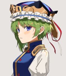 Rule 34 | 1girl, absurdres, asuka shirou, asymmetrical hair, blue eyes, blue hat, epaulettes, frilled hat, frills, from side, green hair, grey background, hat, highres, looking at viewer, medium hair, parted lips, shiki eiki, simple background, solo, touhou, upper body