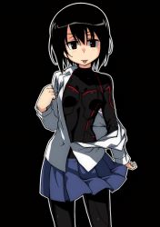 Rule 34 | 1girl, :p, black hair, bodysuit, breasts, looking at viewer, open clothes, original, oteruko (wanabeee), pantyhose, red eyes, school uniform, short hair, small breasts, solo, tongue, tongue out