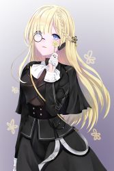Rule 34 | 1girl, bad id, bad pixiv id, black capelet, black jacket, black ribbon, blonde hair, blue eyes, book, braid, breasts, brown shirt, buttons, capelet, cz52 (girls&#039; frontline), expressionless, eyes visible through hair, flower, french braid, girls&#039; frontline, gloves, gradient background, hair ornament, hair ribbon, half gloves, head tilt, headset, highres, holding, holding flower, ichita (yixisama-shihaohaizhi), jacket, kerchief, large breasts, long hair, monocle, open mouth, ribbon, shirt, sidelocks, simple background, skirt, sleeves rolled up, smile, solo, strap, very long hair, white gloves, white neckwear