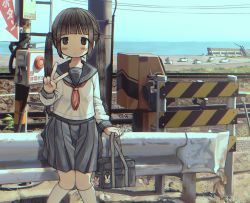 Rule 34 | 1girl, black eyes, black hair, blue skirt, commission, day, expressionless, highres, kneehighs, long hair, long sleeves, looking at viewer, original, outdoors, pleated skirt, rnfhv, sailor collar, scenery, skeb commission, skirt, socks, solo, twintails, v, white socks