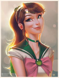 Rule 34 | 1girl, arms at sides, artist name, artstation username, bare arms, bishoujo senshi sailor moon, blouse, border, bow, bowtie, brown hair, choker, closed mouth, commentary request, earrings, eyelashes, facebook username, female focus, film grain, green bow, green bowtie, green eyes, green sailor collar, hair bobbles, hair ornament, head tilt, highres, inner senshi, instagram username, jewelry, kino makoto, leandro franci, lips, long hair, looking at viewer, magical girl, neck, necklace, nose, pink bow, pink bowtie, ponytail, sailor collar, sailor jupiter, school uniform, serafuku, shirt, smile, solo, star (symbol), star necklace, super sailor jupiter, swept bangs, tiara, upper body, white border, white shirt