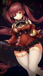 Rule 34 | 1girl, black gloves, black hat, black panties, black ribbon, blush, bodystocking, breasts, cleavage, closed mouth, eyepatch, garter straps, gloves, hair ribbon, hat, highres, hololive, houshou marine, large breasts, long hair, looking at viewer, neokinayo, panties, red eyes, red hair, ribbon, ringlets, smile, solo, thighhighs, twintails, underwear, virtual youtuber, white thighhighs