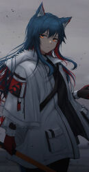 Rule 34 | 1girl, arknights, armband, blue hair, coat, colored inner hair, commentary, frown, fur-trimmed hood, fur-trimmed jacket, fur-trimmed sleeves, fur trim, gloves, grey sky, highres, hood, jacket, long hair, looking at viewer, multicolored hair, orange eyes, outdoors, pocket, red armband, red gloves, red hair, shoulder strap, sky, solo, suzutaro, texas (arknights), texas (winter messenger) (arknights), upper body, white jacket, winter clothes, winter coat, wolf girl