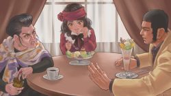 Rule 34 | 1boy, 2girls, apple, apple slice, beard, black hair, bow, bowtie, buzz cut, character request, child, cigarette pack, coffee mug, cup, curtains, eye contact, facial hair, food, food request, formal, frown, fruit, golden kamuy, headband, holding, holding cigarette pack, jacket, kiwi (fruit), kiwi slice, long sideburns, looking at another, melon, melon slice, mug, multiple girls, nopinzo, old, old woman, short hair, sideburns, smile, strawberry, strawberry slice, suit, tanigaki genjirou, thick eyebrows, upper body, very short hair, wrinkled skin, yellow jacket, yellow suit