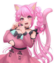 Rule 34 | 1girl, absurdres, amemiya arikapu, animal ears, black collar, blush, braid, breasts, cat ears, cat girl, cleavage cutout, clothing cutout, collar, commentary request, detached sleeves, extra ears, heart cutout, highres, huge breasts, indie virtual youtuber, looking at viewer, mole, mole under eye, momonya miyui, open mouth, side braids, simple background, solo, twin braids, virtual youtuber, white background
