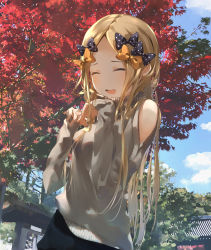 Rule 34 | 1girl, abigail williams (fate), aged up, black bow, black skirt, blonde hair, blue sky, blush, bow, breasts, clothing cutout, contemporary, fate/grand order, fate (series), forehead, grey sweater, hair bow, highres, long hair, long sleeves, multiple hair bows, open mouth, orange bow, parted bangs, polka dot, polka dot bow, sakazakinchan, shoulder cutout, skirt, sky, small breasts, smile, sweater, tree