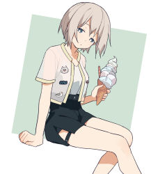 Rule 34 | 1girl, aoba moca, arm rest, badge, bang dream!, bare legs, black shorts, blue eyes, blush, button badge, camisole, closed mouth, coldcat., collarbone, cropped jacket, dangling, dot mouth, dot nose, eyebrows hidden by hair, feet out of frame, from side, green background, grey hair, head tilt, high-waist shorts, highres, holding food, holding ice cream, ice cream, invisible chair, jacket, looking at viewer, raised eyebrows, see-through, see-through jacket, short hair, shorts, sidelocks, simple background, sitting, solo, two-tone background, white background, white camisole