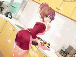 Rule 34 | 1girl, absurdres, apron, artist name, ass, bang dream!, bare shoulders, blender (object), breasts, brown hair, chocolate, coffee maker, cooking, dopamine70, dutch angle, frying pan, green eyes, highres, holding, imai lisa, index finger raised, indoors, kitchen, leaning forward, long hair, long sleeves, looking at viewer, looking back, medium breasts, mixer (cooking), off-shoulder sweater, off shoulder, pink apron, red sweater, short hair, sink, solo, sweater, tile wall, tiles, tongue, tongue out, window