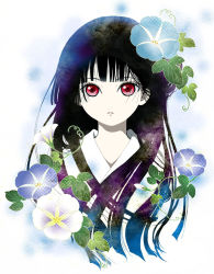 Rule 34 | 1girl, black hair, enma ai, expressionless, eyelashes, flower, japanese clothes, jigoku shoujo, kimono, long hair, looking at viewer, morning glory, parted lips, red eyes, solo, upper body, yoiyoi