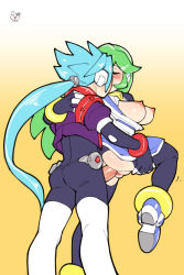 Rule 34 | 1boy, 1girl, absurdres, bbc-chan, blue hair, blush, bodysuit, breasts, clothed sex, colorized, doggystyle, closed eyes, green hair, hetero, highres, kiss, long hair, mega man (series), mega man zx, mega man zx advent, pandora (mega man), prometheus (mega man), sex, sex from behind, tagme, vaginal