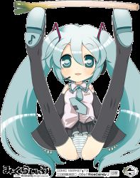 Rule 34 | 1girl, blue hair, hatsune miku, long hair, okome (ricecandy), panties, ricecandy, solo, spread legs, spring onion, striped clothes, striped panties, thighhighs, twintails, underwear, very long hair, vocaloid