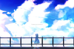 Rule 34 | 1girl, aoi thomas, blue sky, chain-link fence, cloud, cloudy sky, commentary, day, dissolving, dress, english text, facing away, fence, ghost, highres, hood, hood down, hooded dress, original, outdoors, short hair, short sleeves, silver hair, sky, solo, standing, transparent, white dress, wide shot