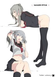 Rule 34 | 2girls, :o, arms up, ass, bent over, blue eyes, bottomless, breasts, cowboy shot, full body, grey hair, highres, large breasts, medium breasts, medium hair, midriff, multiple girls, original, red eyes, school uniform, simple background, skirt, socks, tagme, tareme, thighhighs, twitter username, uniform, unimon e, white background