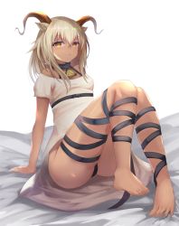Rule 34 | 1girl, absurdres, animal ears, aoinu (aoinu 99), arknights, arm support, ass, bare legs, bare shoulders, barefoot, bed sheet, beeswax (arknights), black ribbon, breasts, commentary, dress, feet, hair between eyes, highres, horns, knees together feet apart, knees up, leg ribbon, long hair, looking at viewer, off-shoulder dress, off shoulder, revision, ribbon, short sleeves, silver hair, simple background, sitting, small breasts, solo, thighs, white background, white dress, yellow eyes
