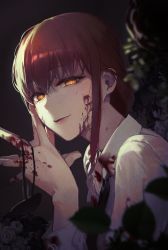 Rule 34 | 1girl, black necktie, blood, blood on clothes, blood on face, blood splatter, blurry, blurry foreground, chainsaw man, collared shirt, ggoc ill, highres, light, looking at viewer, makima (chainsaw man), necktie, night, outdoors, own hands together, ringed eyes, shirt, sidelocks, smile, steepled fingers, upper body, white shirt, yellow eyes