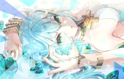 Rule 34 | 1girl, aqua hair, armpits, arms up, blue gemstone, bracelet, breasts, commentary request, detached sleeves, dress, faruzan (genshin impact), gem, genshin impact, green eyes, hair between eyes, hair ornament, highres, holding, holding gem, jewelry, long hair, long sleeves, looking at viewer, looking up, lying, medium breasts, on back, parted lips, pendant choker, pistachiocream, see-through, sidelocks, solo, strapless, strapless dress, twintails, x hair ornament